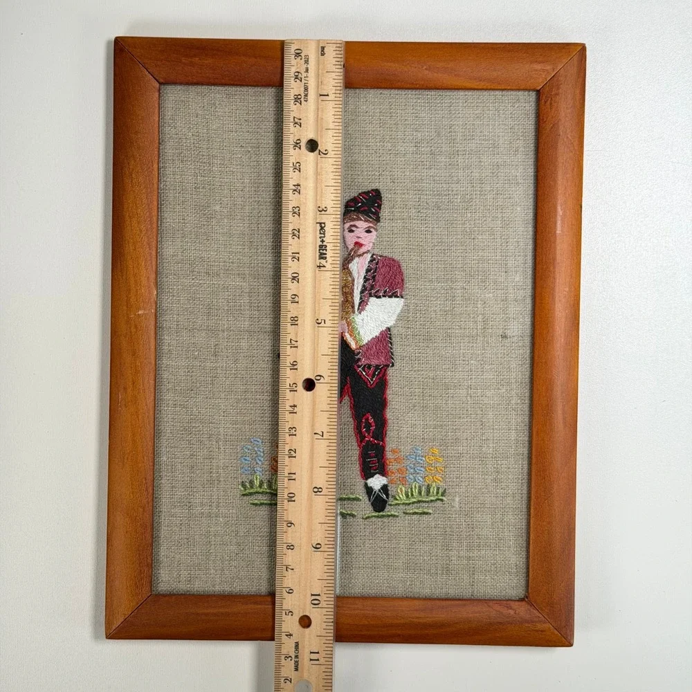 Vintage Mid-Century Petit Needlepoint Bagpiper Framed Tapestry‎ 9x11 Folk Art